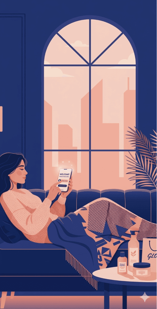 A GLO30 member relaxing at home while starting a treatment booking on her phone